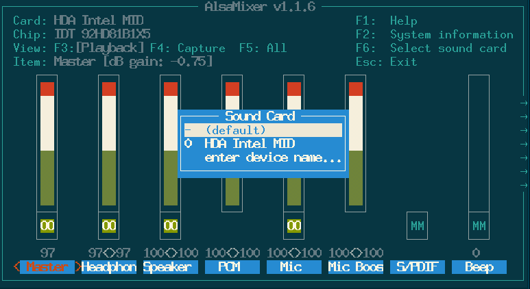 Выбор звуковой карты Alsamixer
