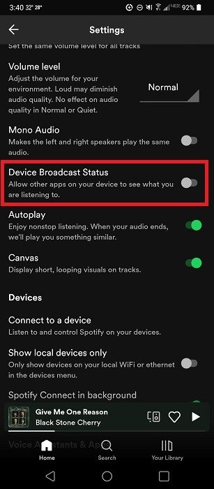 В приложении Spotify для Android включена опция «Состояние трансляции устройства».