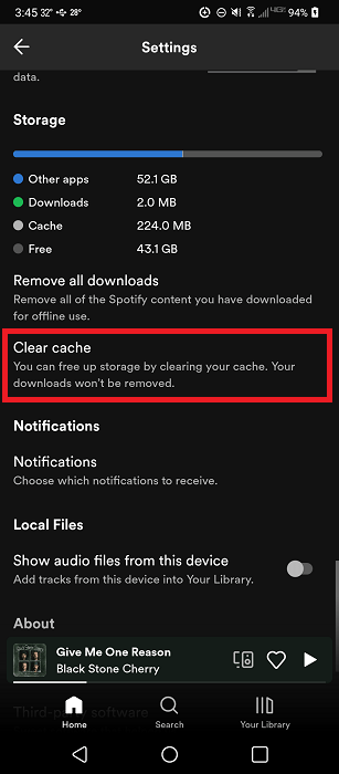 Опция «Очистить кеш» в настройках приложения Spotify для Android.