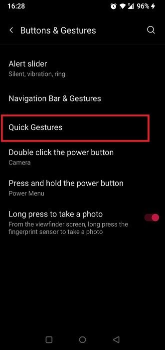 Выбор «Быстрые жесты» в приложении «Настройки Android».
