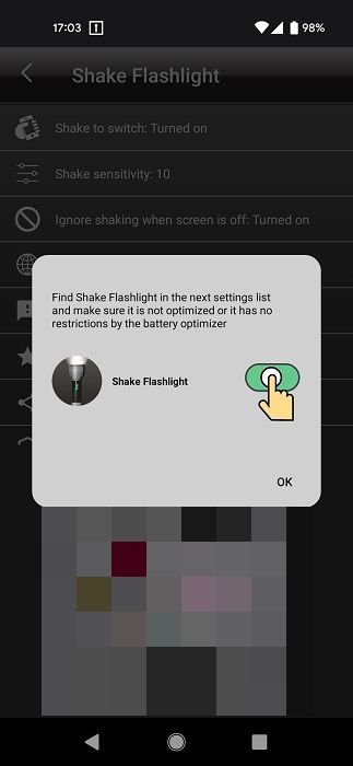 Оповещение о проверке в приложении Shake Flashlight.