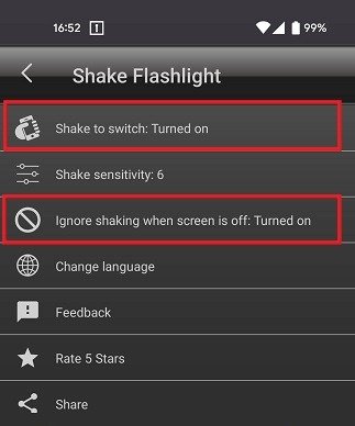 Включение опции «Скейт для переключения» в приложении Shake Flashlight.