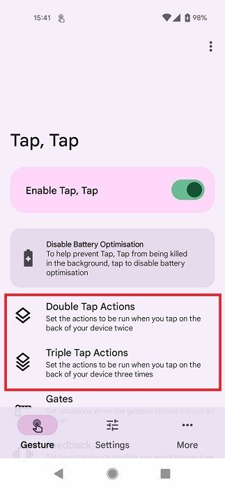 Нажатие на опцию «Действия двойного касания» в приложении Tap Tap на Android.