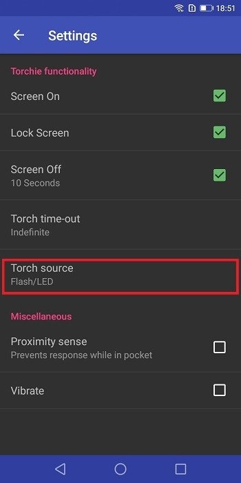 Нажатие на «Источник Torch» в приложении Torchie.
