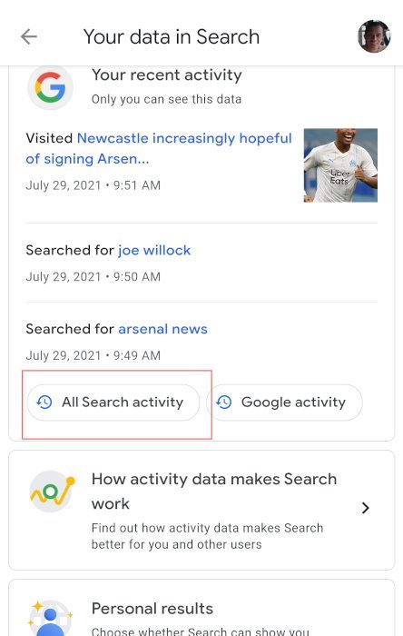 Android Приложение Google Вся поисковая активность