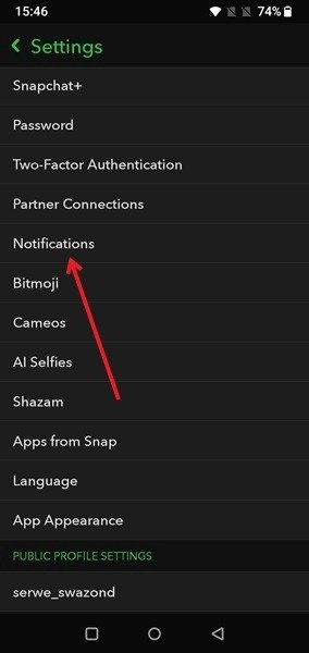Нажмите «Уведомления» в разделе «Настройки Snapchat».