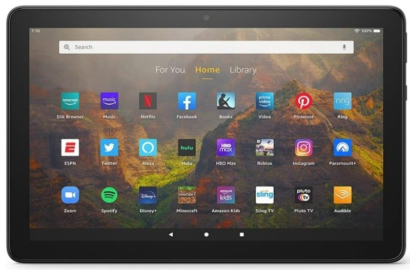 Планшет Amazon Fire HD 10 с главным экраном Fire OS.