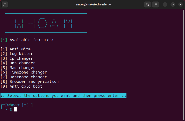 Терминал, показывающий скрипт Whoami, работающий в Ubuntu.