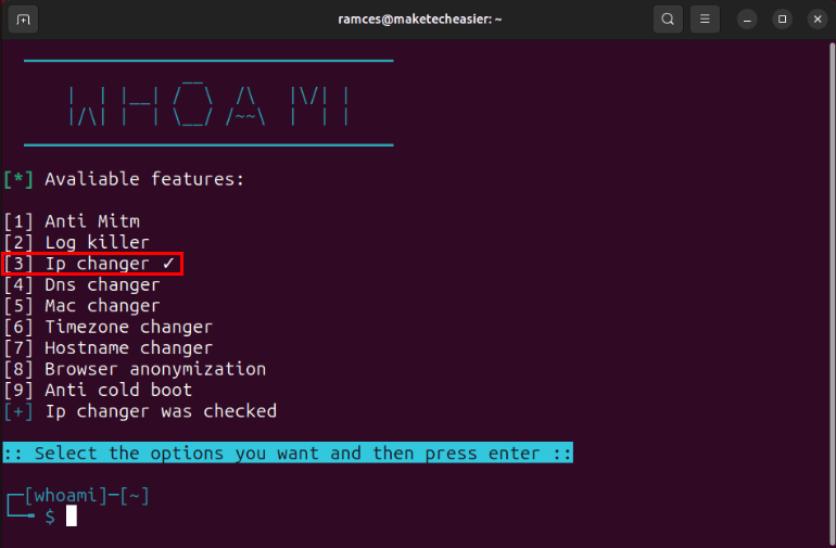 Терминал, показывающий модуль смены IP-адреса, включенный в Whoami.