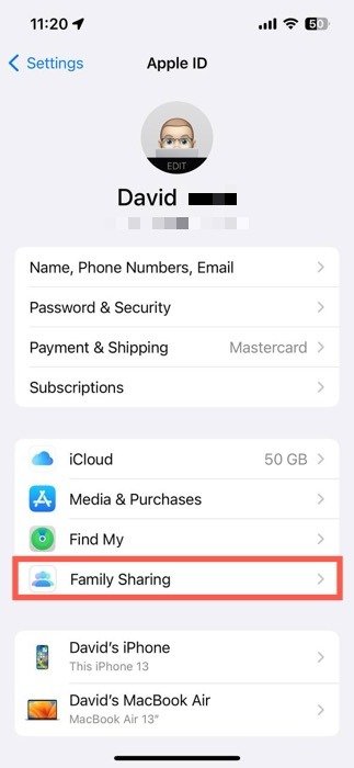 Настройки Apple ID открыты