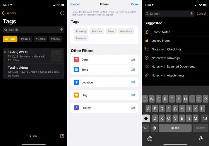 Параметры поиска Apple Notes iOS 15