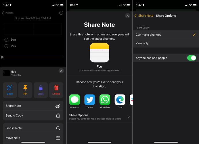 Меню «Поделиться» в Apple Notes iOS 15