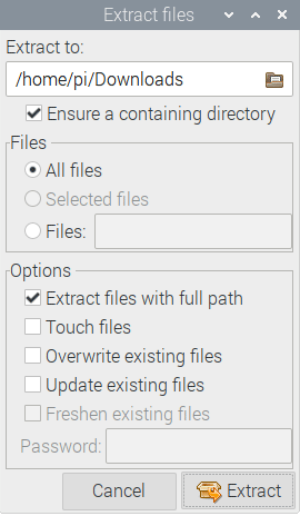 Окно извлечения архиватора Raspberry Pi