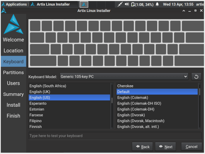 Выбор раскладки клавиатуры Artix Linux 11