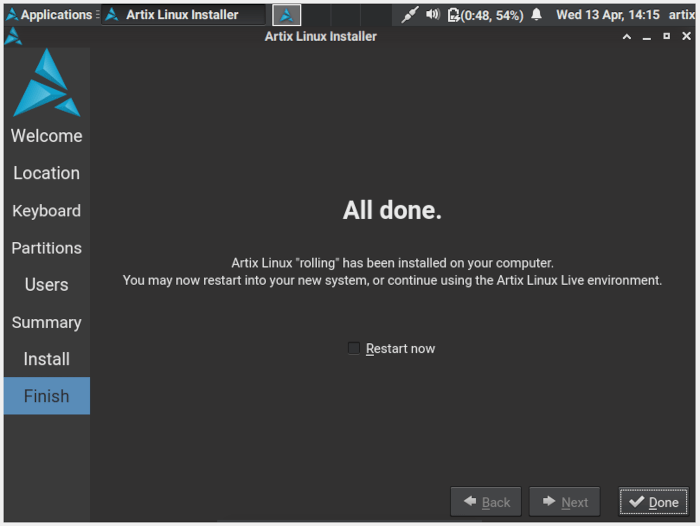 Установка Artix Linux 18 завершена
