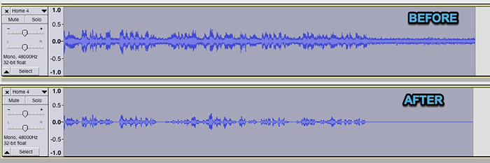 Эффект удаления шума Audacity до и после формы сигнала