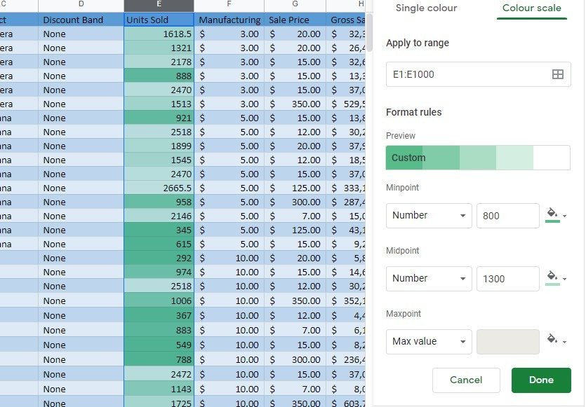 Автоматическая заливка цветовой ячейки Google Sheets Scale 2