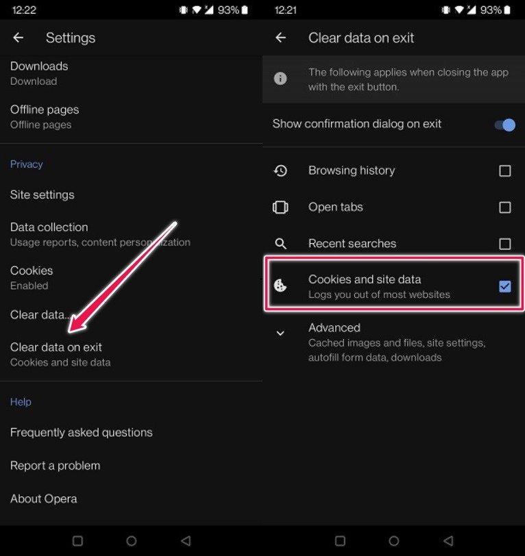 Автоматический выход из Google Opera Mobile Очистить данные при выходе