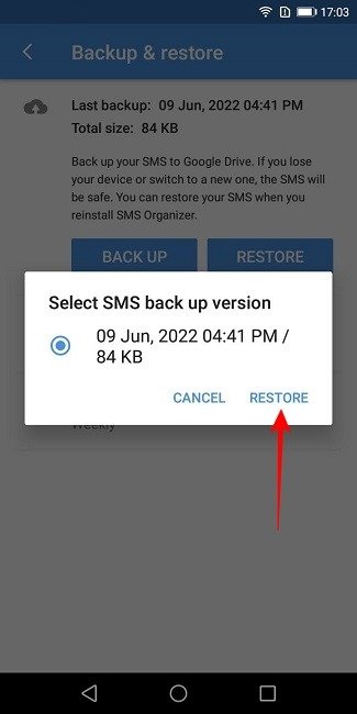 Резервное копирование текстов SMS Organizer Выберите резервную копию