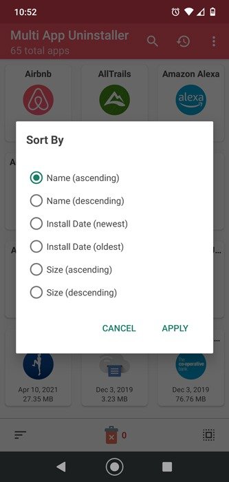 Пакетное удаление приложений Android Sort