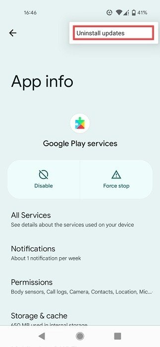 Удаление обновлений сервисов Google Play.