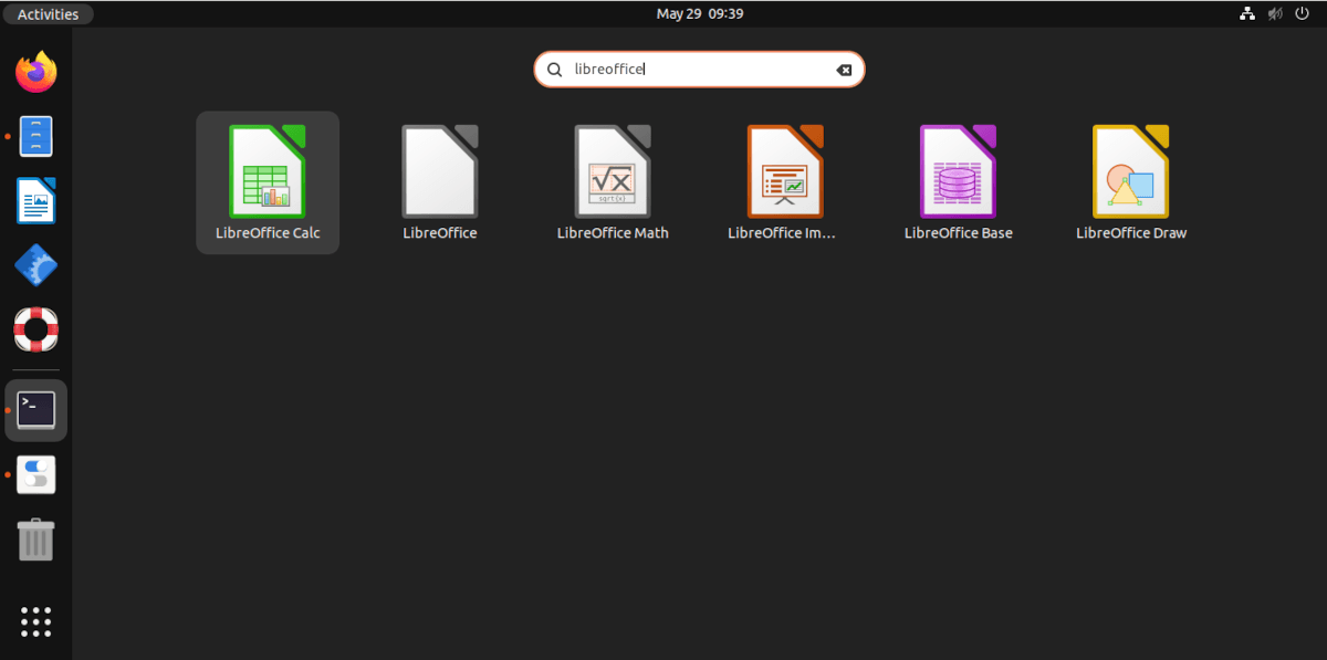 Снимок экрана меню Ubuntu со всеми значками Libreoffice.