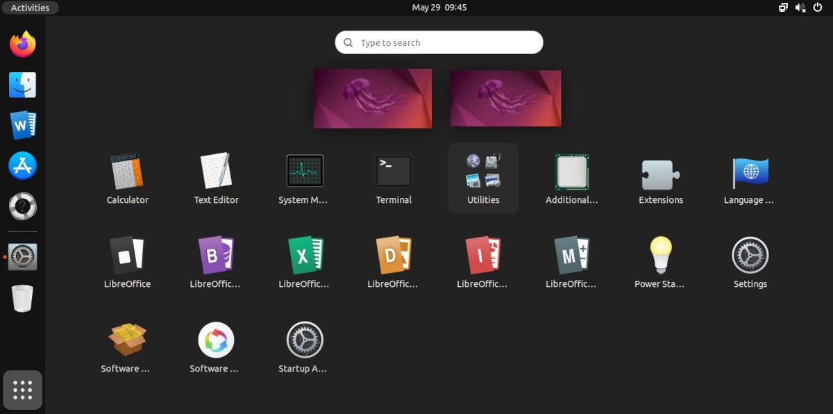 Снимок экрана меню Ubuntu с темой значков Mojave-CT.