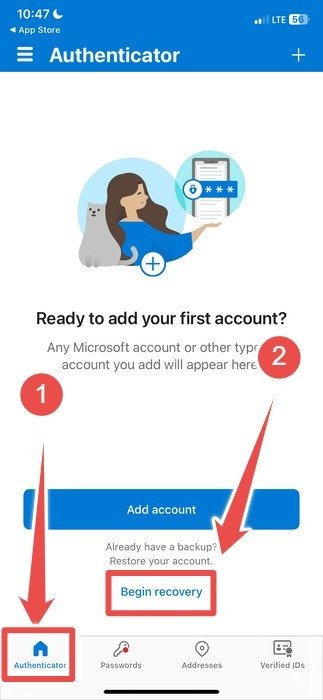 Нажатие на опцию «Начать восстановление» в приложении Microsoft Authenticator для iOS.