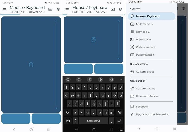 Три экрана, показывающие элементы управления мышью и клавиатурой в приложении «Бессерверная Bluetooth-клавиатура и мышь».