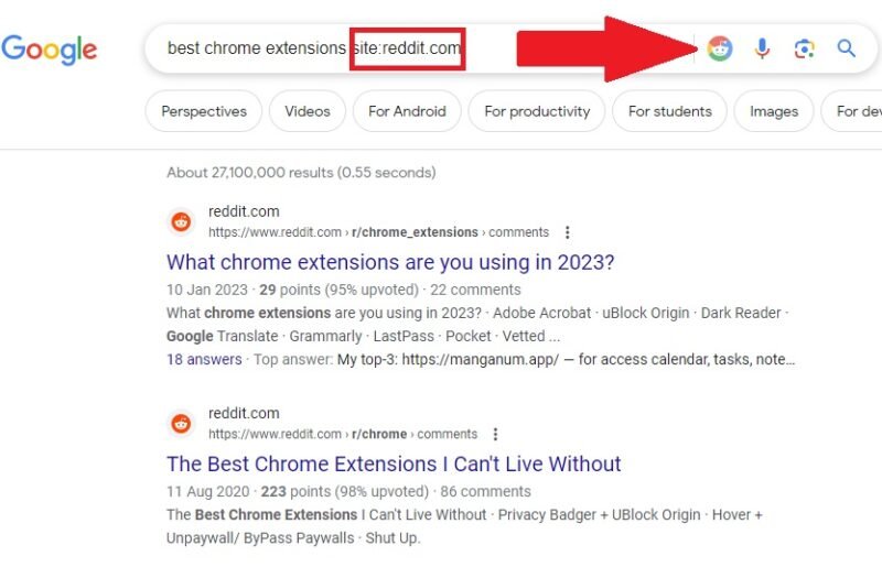 Поиск Reddit с помощью Google с помощью расширения Reddit Search for Google.