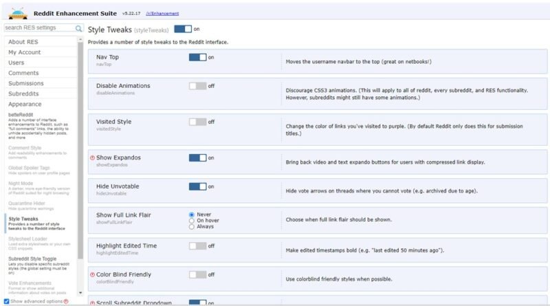 Настройки стиля Reddit Enhancement Suite для Reddit.