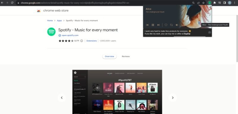 Расширение Spotify Player активно в браузере Chrome.