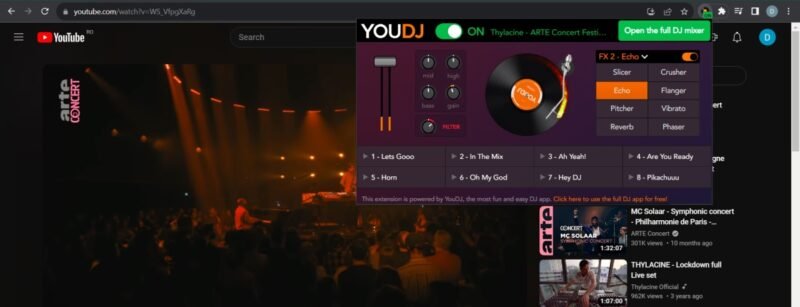 Расширение YOU.DJ в действии на сайте YouTube.