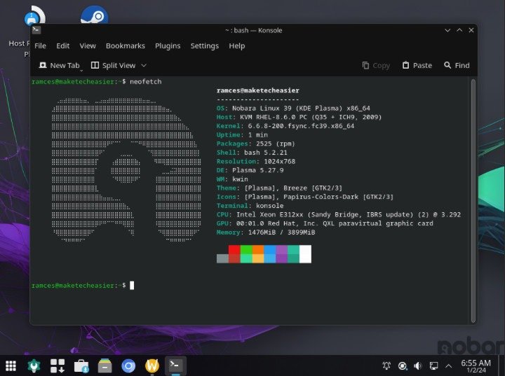 Скриншот рабочего стола Nobara Linux.