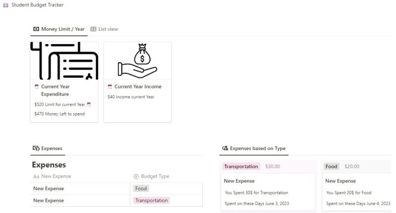 Один из лучших бесплатных шаблонов бюджета Notion для студентов, Student Budget Tracker, показывающий сводку и список расходов.