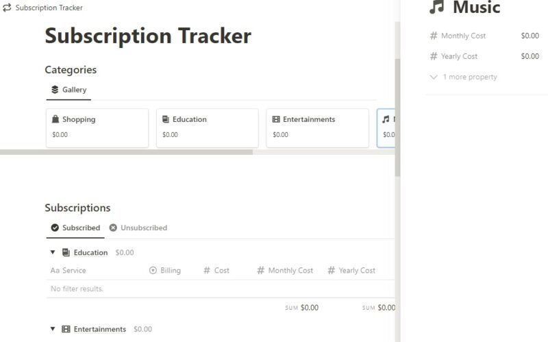 Главная страница Subscription Tracker, один из лучших бесплатных шаблонов бюджета Notion.