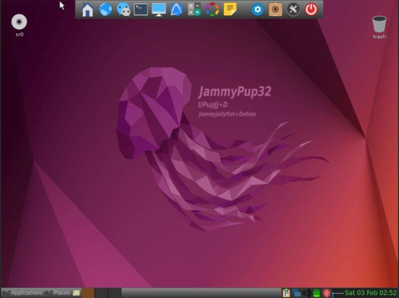 Снимок экрана, показывающий рабочий стол JWM по умолчанию в Puppy Linux Jammy.