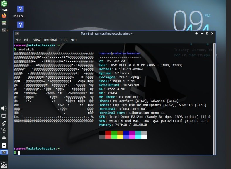 Снимок экрана, показывающий пример рабочего стола MX Linux.