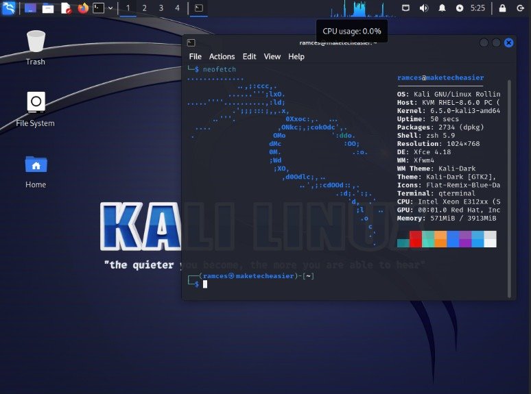 Снимок экрана, показывающий пример рабочего стола в Kali Linux.