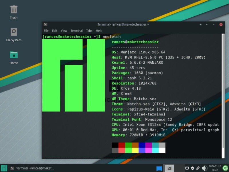 Снимок экрана, показывающий пример рабочего стола в Manjaro Linux.