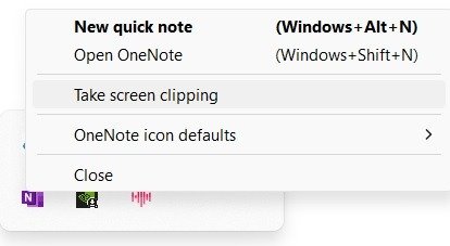 Нажав на опцию «Сделать вырезку экрана» в OneNote на панели задач.