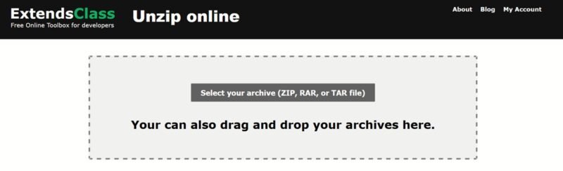 Обзор веб-страницы ExtendsClass Unzip Online.