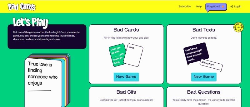 Примеры доступных карточных игр на сайте Bad Cards.