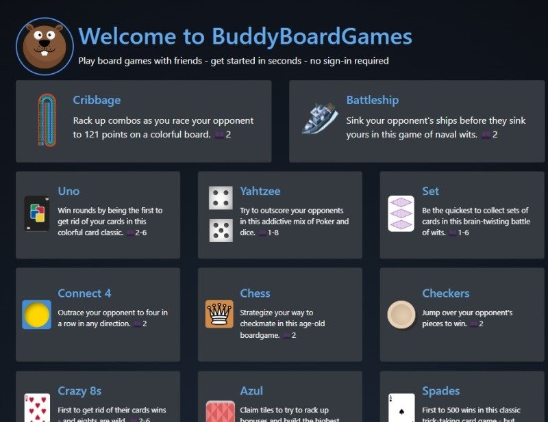 Домашняя страница BuddyBoardGames со списком игр.