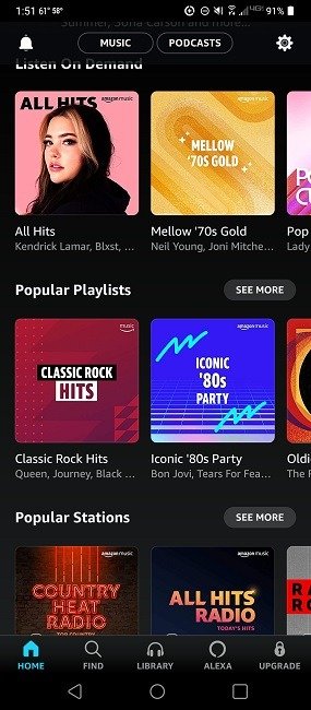 Музыкальный проигрыватель приложения Amazon Music для Android.