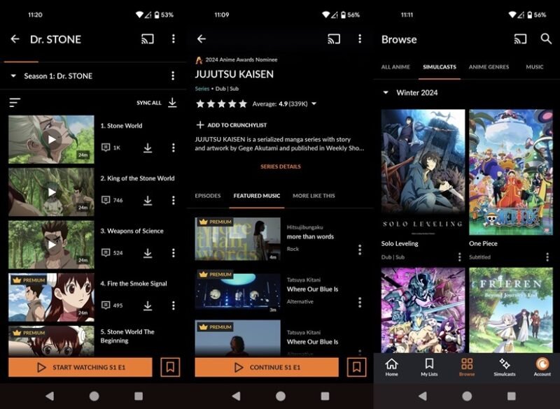 Обзор интерфейса приложения Crunchyroll на Android.