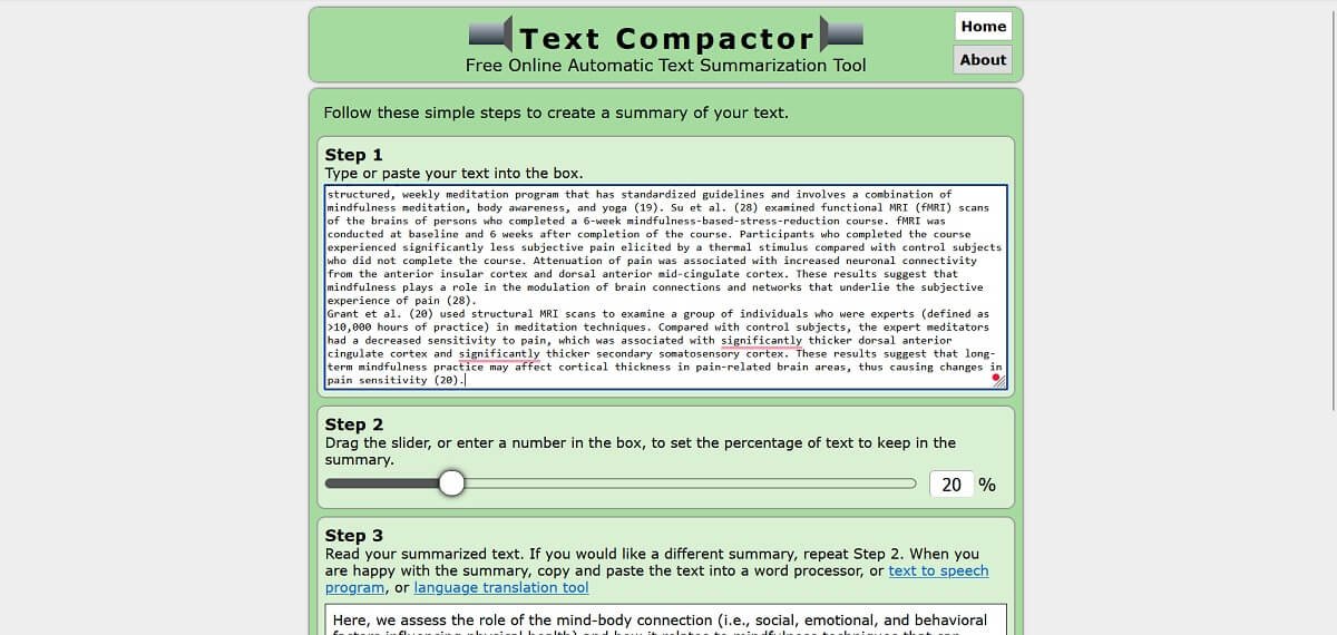 Обзор веб-сайта Text Compactor в браузере.