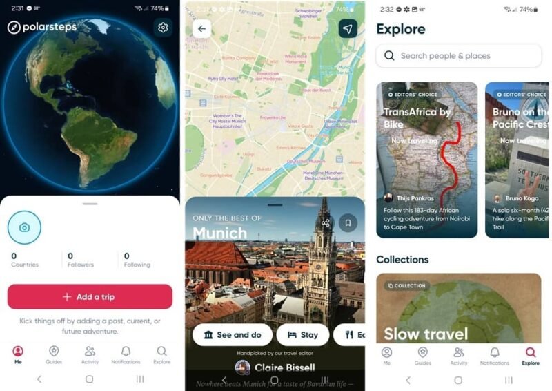 Исследование новых мест в приложении Polarsteps, показ главного экрана и просмотр страниц.