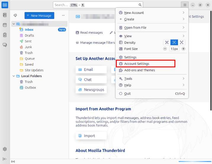 Снимок экрана, показывающий опцию «Настройки учетной записи» в Thunderbird.