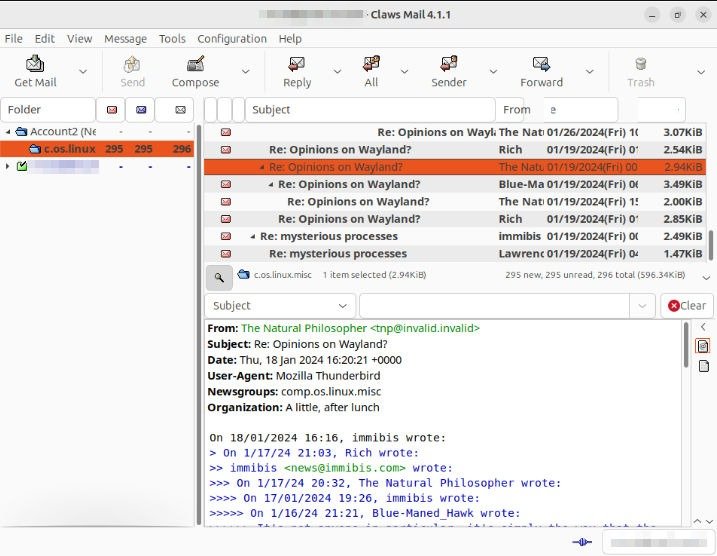 Скриншот, показывающий рабочий сеанс Claws Mail.